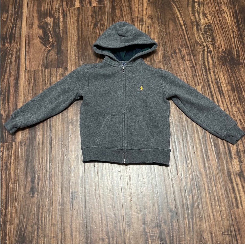 Polo Ralph Lauren‎ Kids Gray Zip Up Hoodie Jacket Size 6 Plaid Lined Pony
